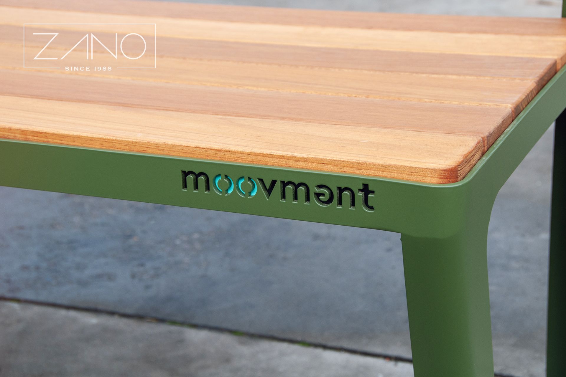 Company logo cut into city bench structure