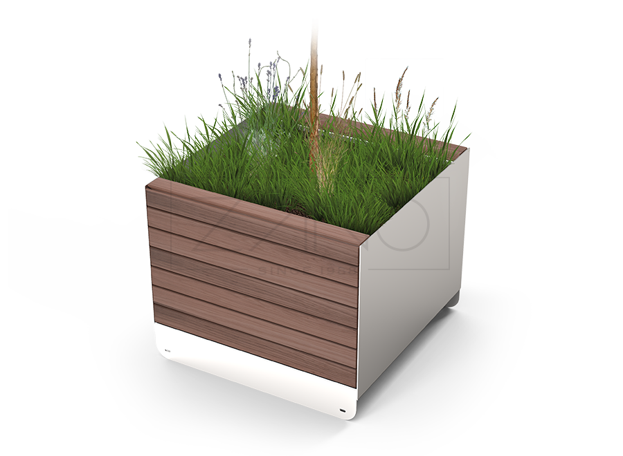 urban tree planter made of stainless steel and finished with wooden planks