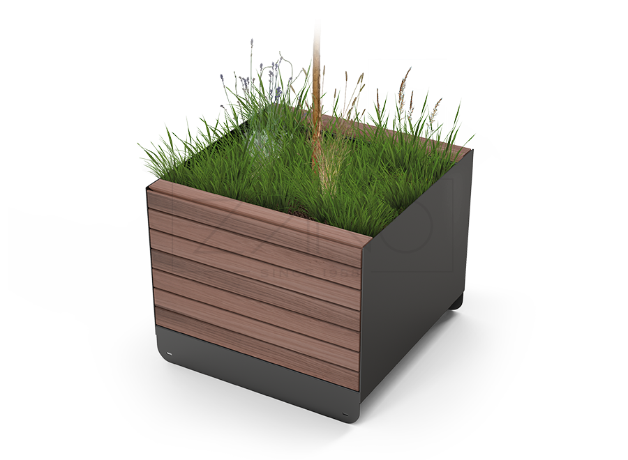 urban tree planter made of steel and finished with wooden planks