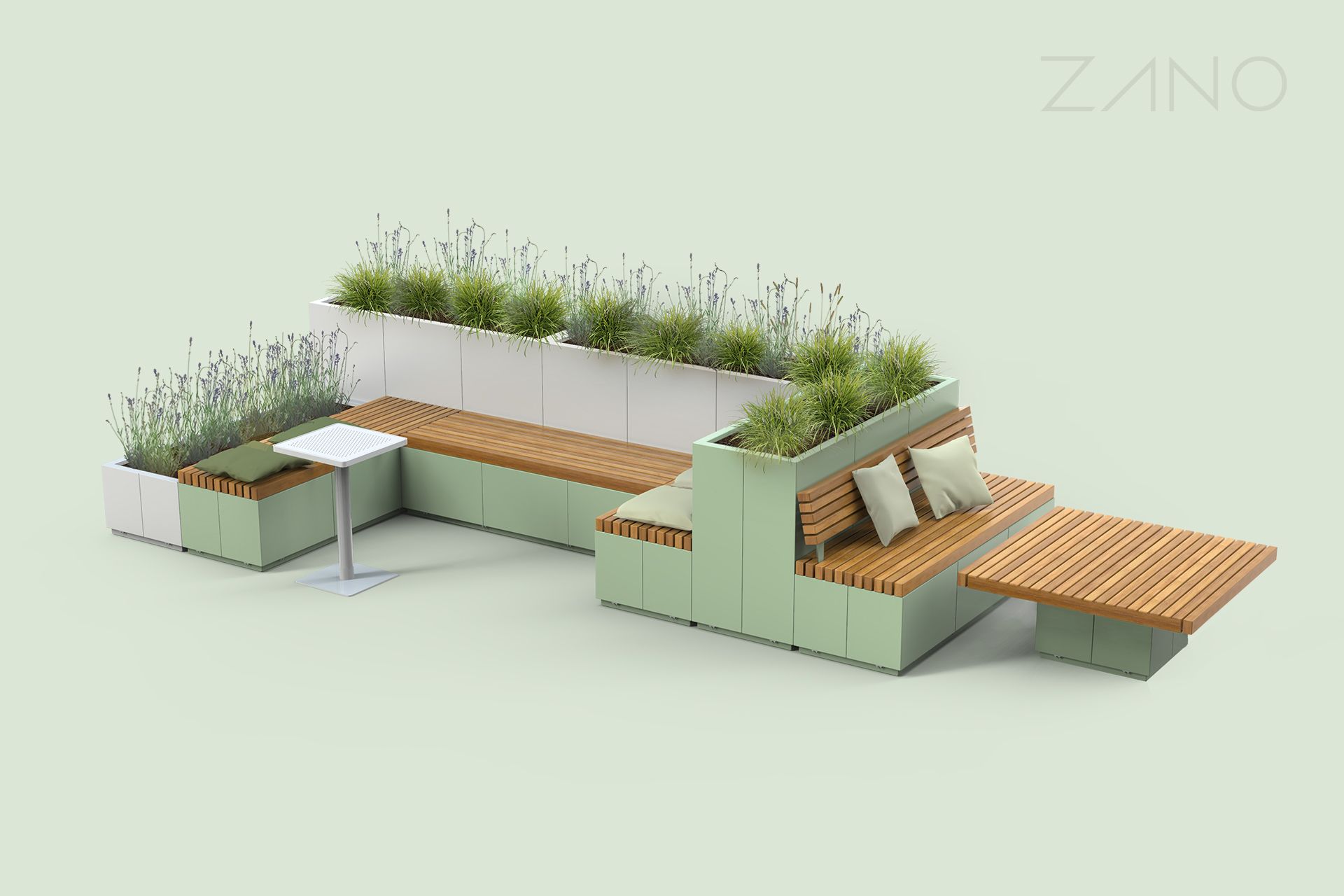 Urban furniture in an arrangement with a table