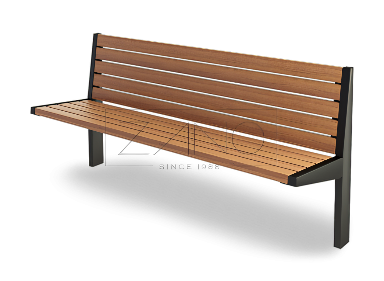 Modern public bench with backrest Amicus bench made of carbon steel and exotic wood