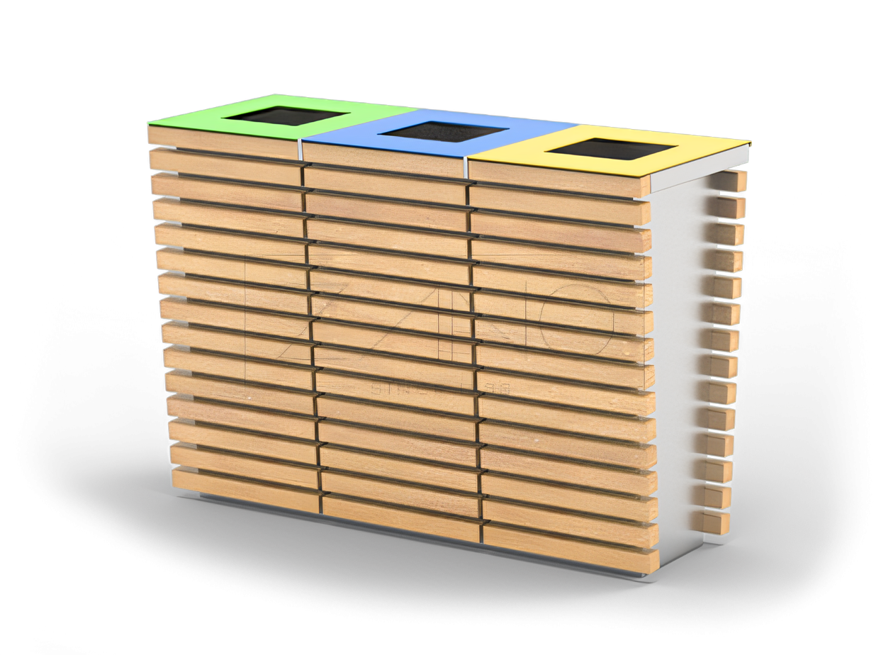 waste bins colour coding Recycling bins made of stainless steel with wooden elements