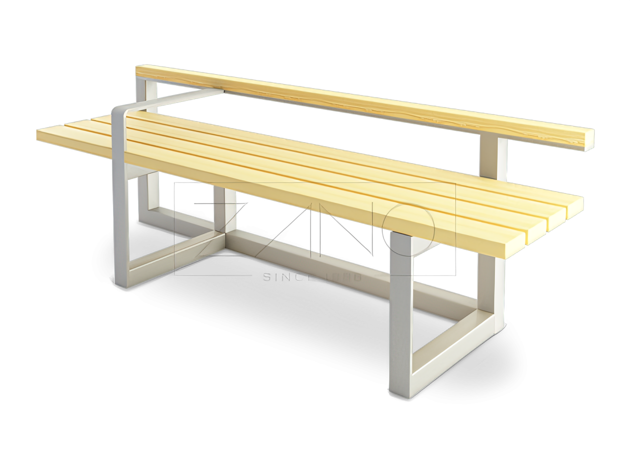 02.431 Versi bench is an original and functional wooden seating with metal construction