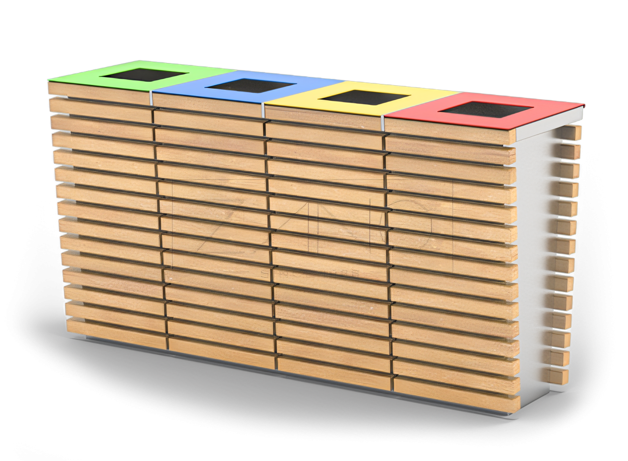 waste bins colour coding Recycling bins made of stainless steel with wooden elements