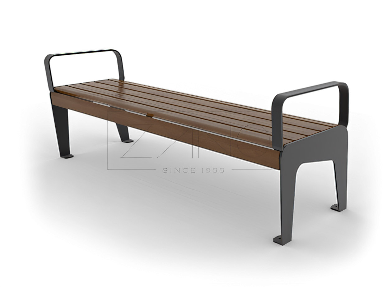 Park bench witthout backrest and with armrests made of carbon steel and spruce wood lacquered in walnut colour