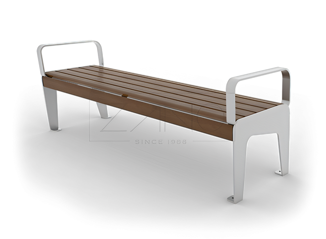 02.412.1 Park bench "Soft" Park bench witthout backrest and with armrests made of stainless steel and spruce wood lacquered in walnut colour