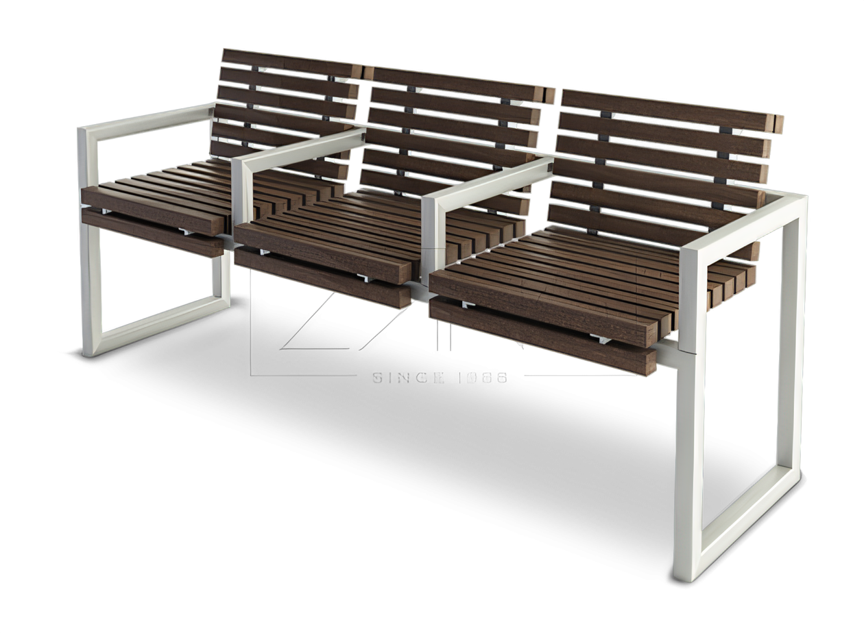 Wooden bench with metal construction and comfortable arms