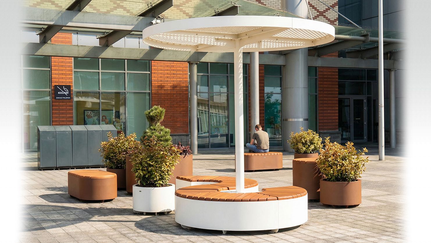 Perforated steel roofing plus planters and benches