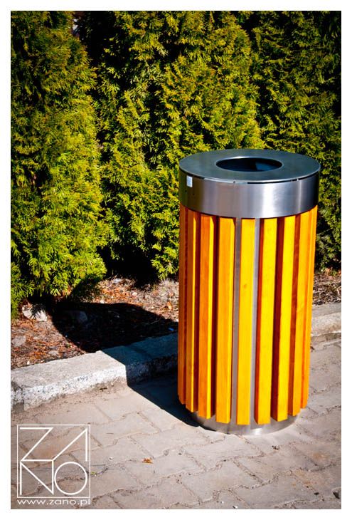 Waste bin with stainless steel construction and wooden boards ornaments