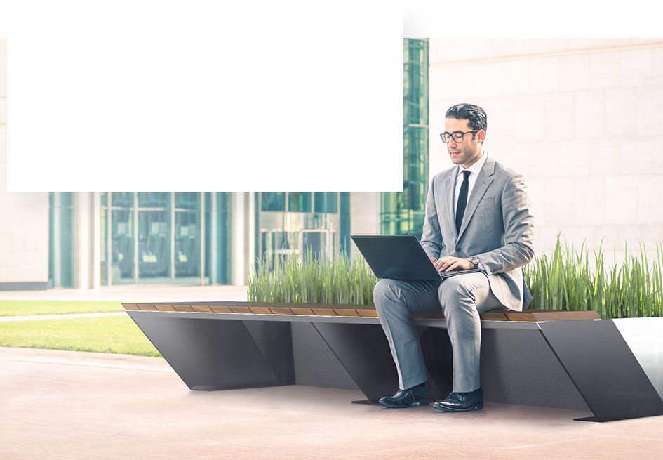 Modern stainless steel bench with planter