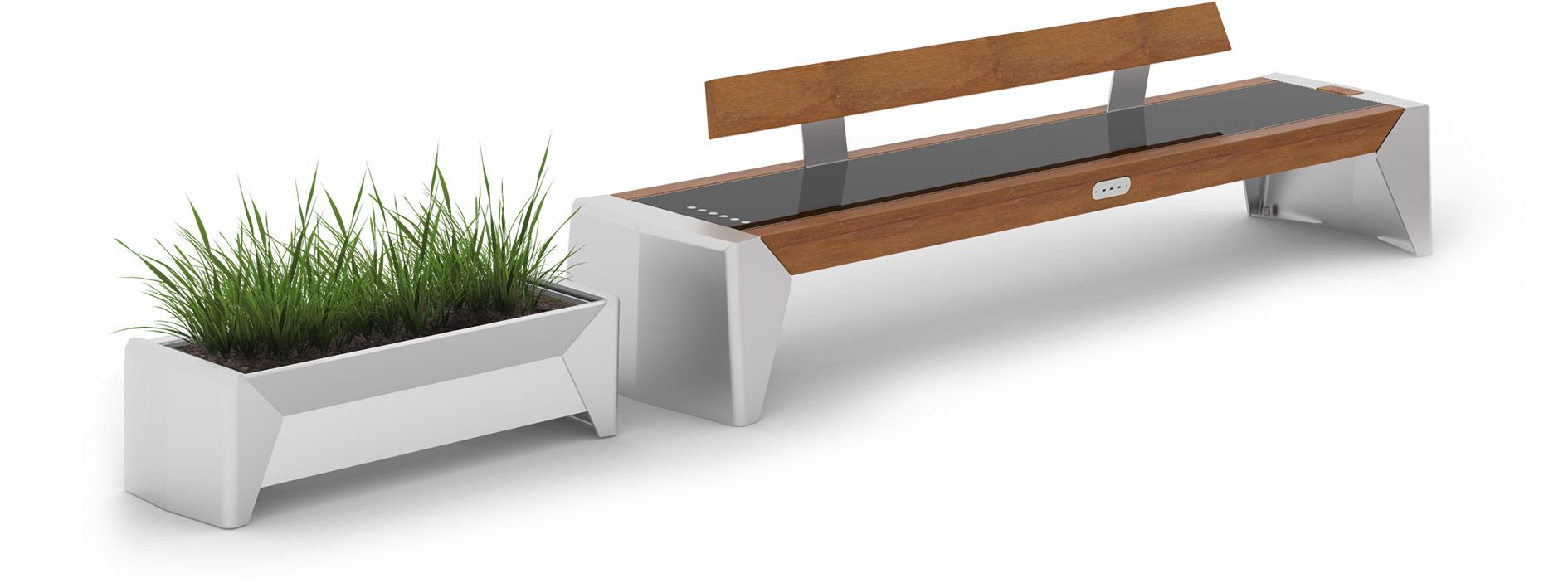 Smart solar bench Photon 03.009 and outdoor city planter 06.009 Photon