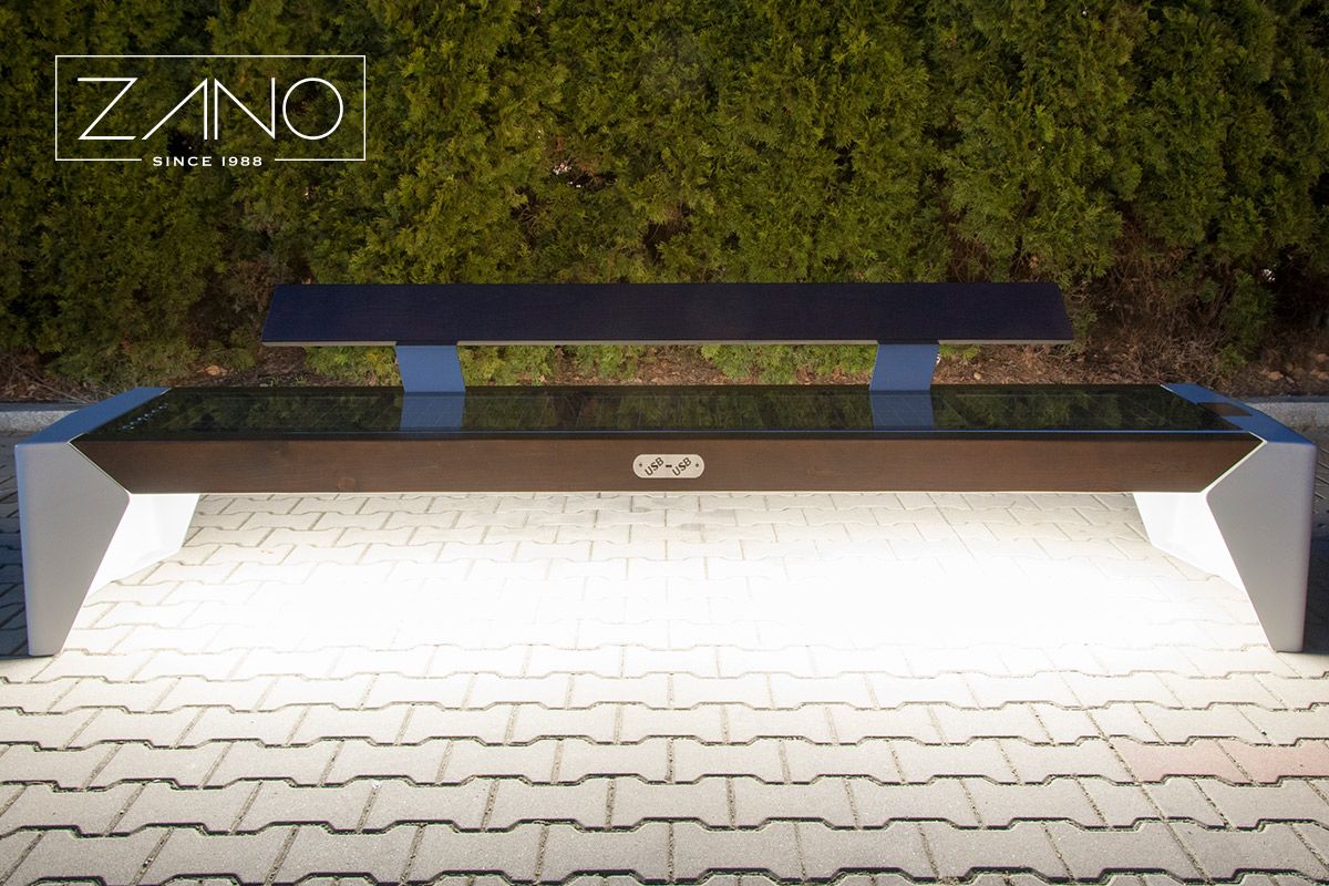 Smart solar bench powered by photovoltaic panels with glowing LEDs