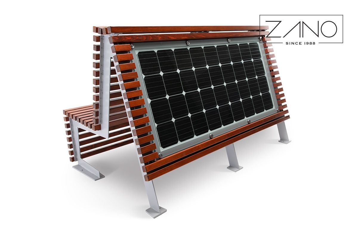 PV Bench made of carbon steel (colored RAL 7004) and spruce wood (oak color)