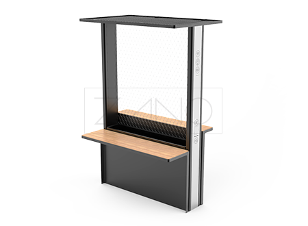 Solar charging station made of stainless steel, carbon steel painted black and spruce wood