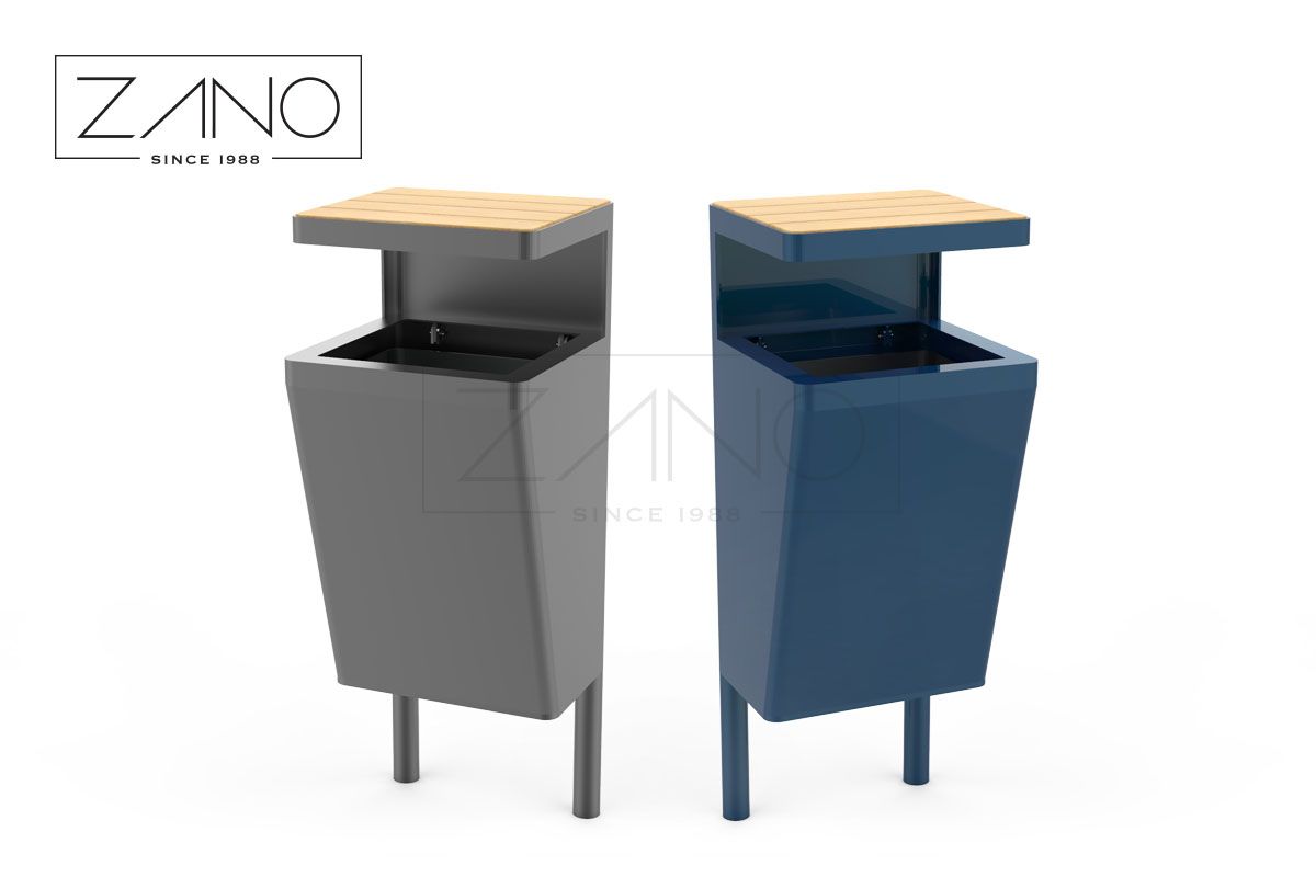 Outdoor trash cans and dust bins made of steel and wood