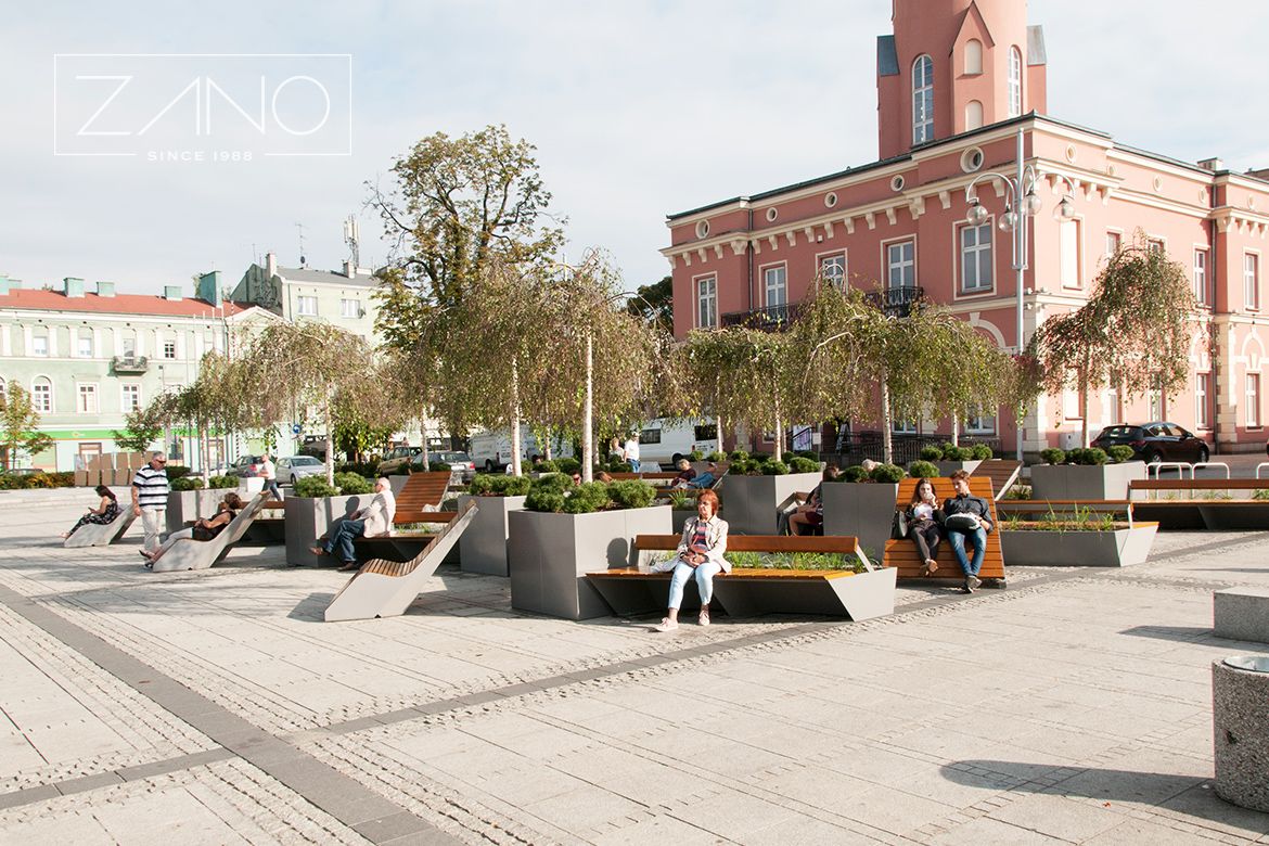 Town square furniture by ZANO benches, planters, made of steel 9007 RAL