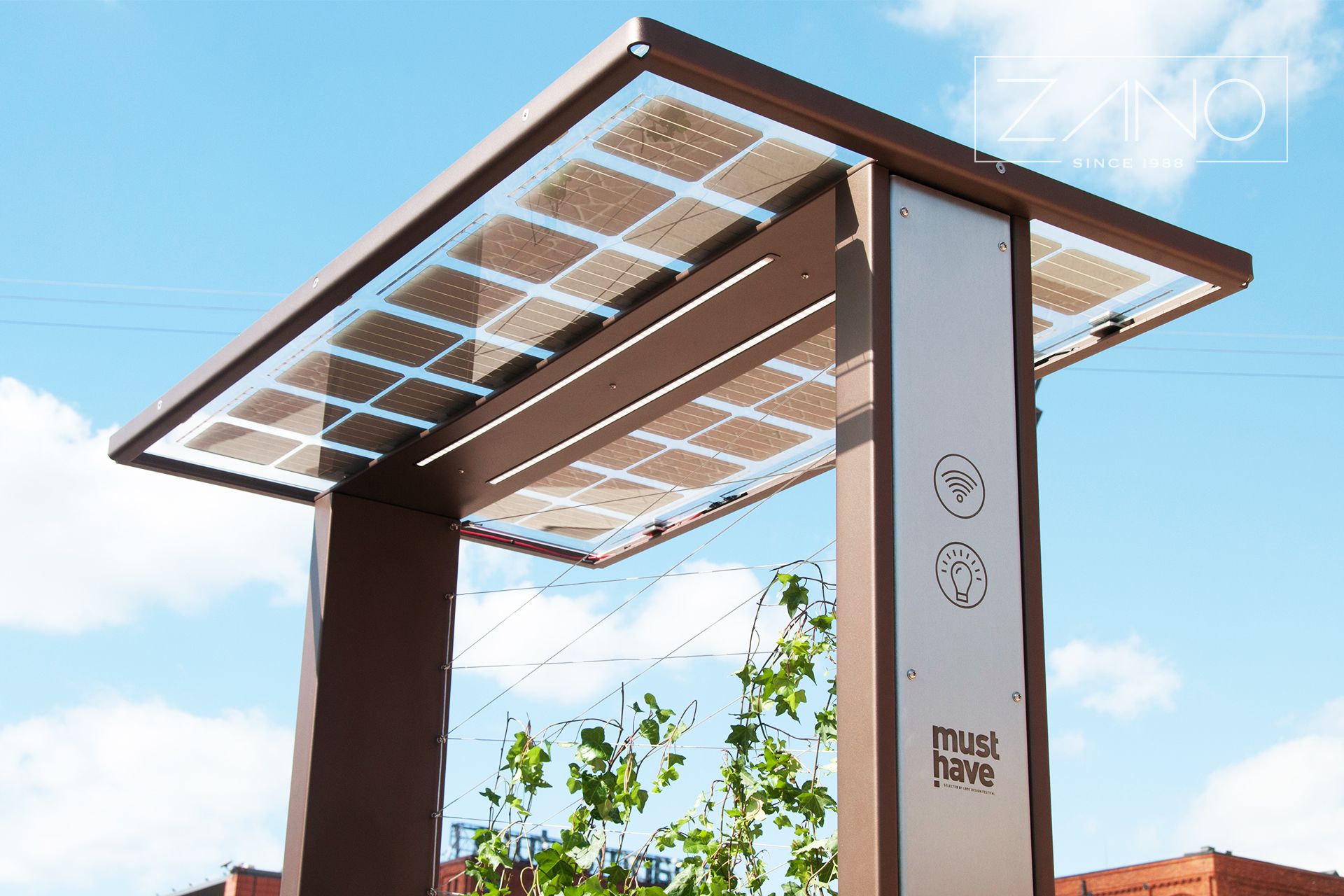 City solar charging station with additional bench and tables