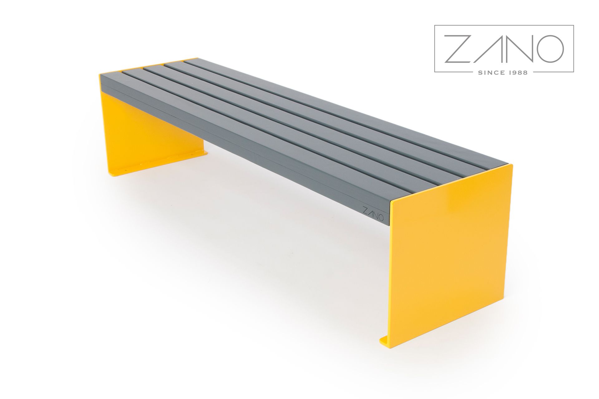Street bench made of steel and wood painted yellow and gray