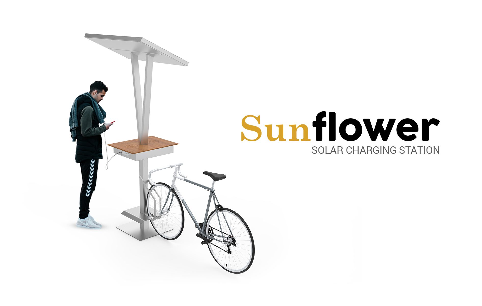 Solar charging station made of stainless steel and high pressure laminate