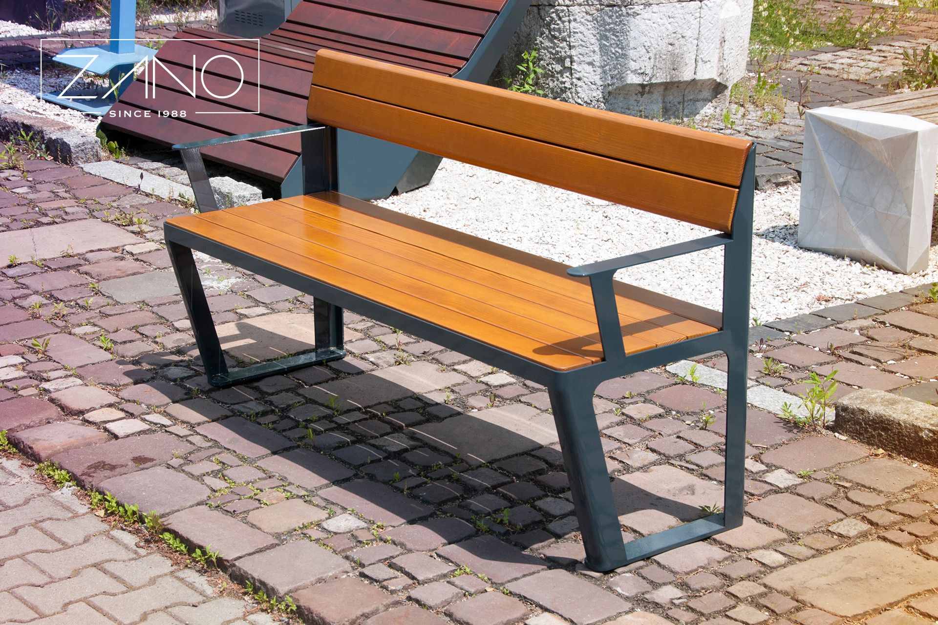 Steel outdoor bench with wooden seat and backrest