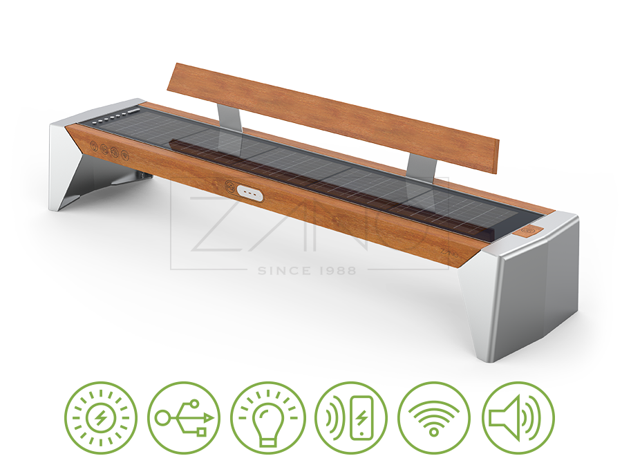 Smart solar bench made of stainless steel by ZANO Street Furniture