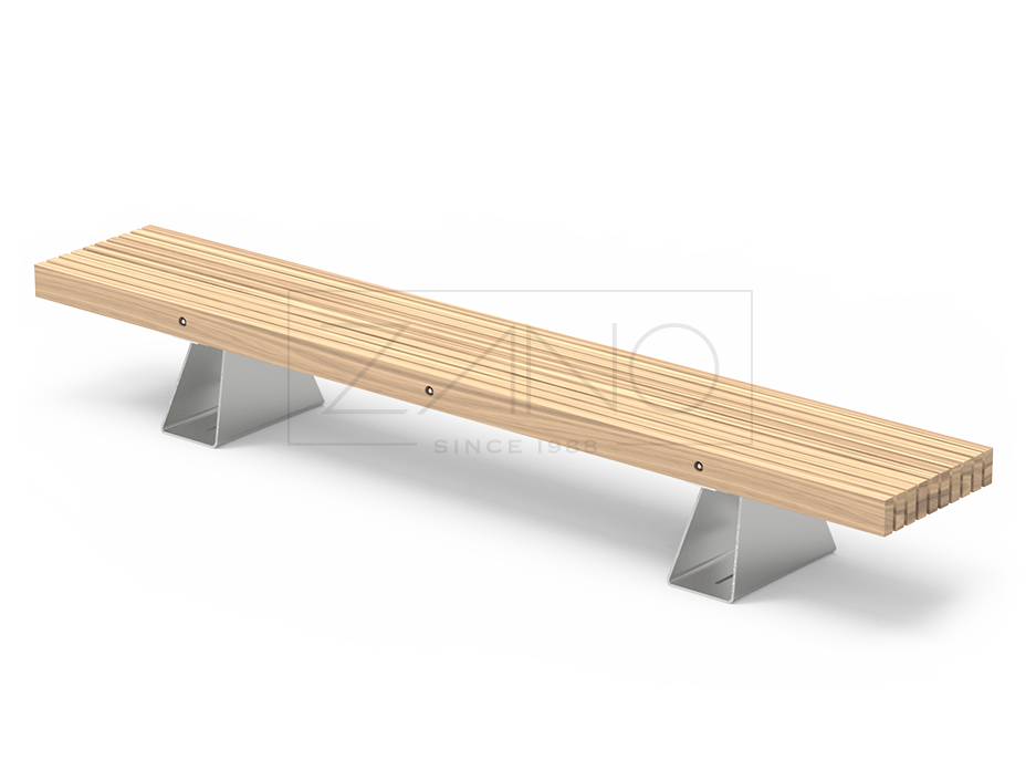 Long urban bench with robust construction in stainless steel and exotic hardwood