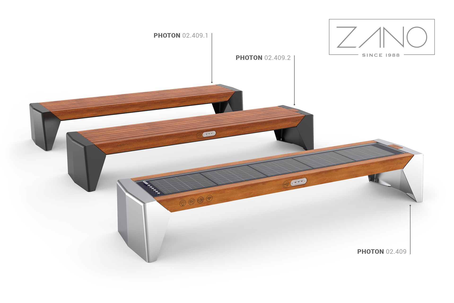 Photon bench, multimedia bench, solar-powered bench, e-bench