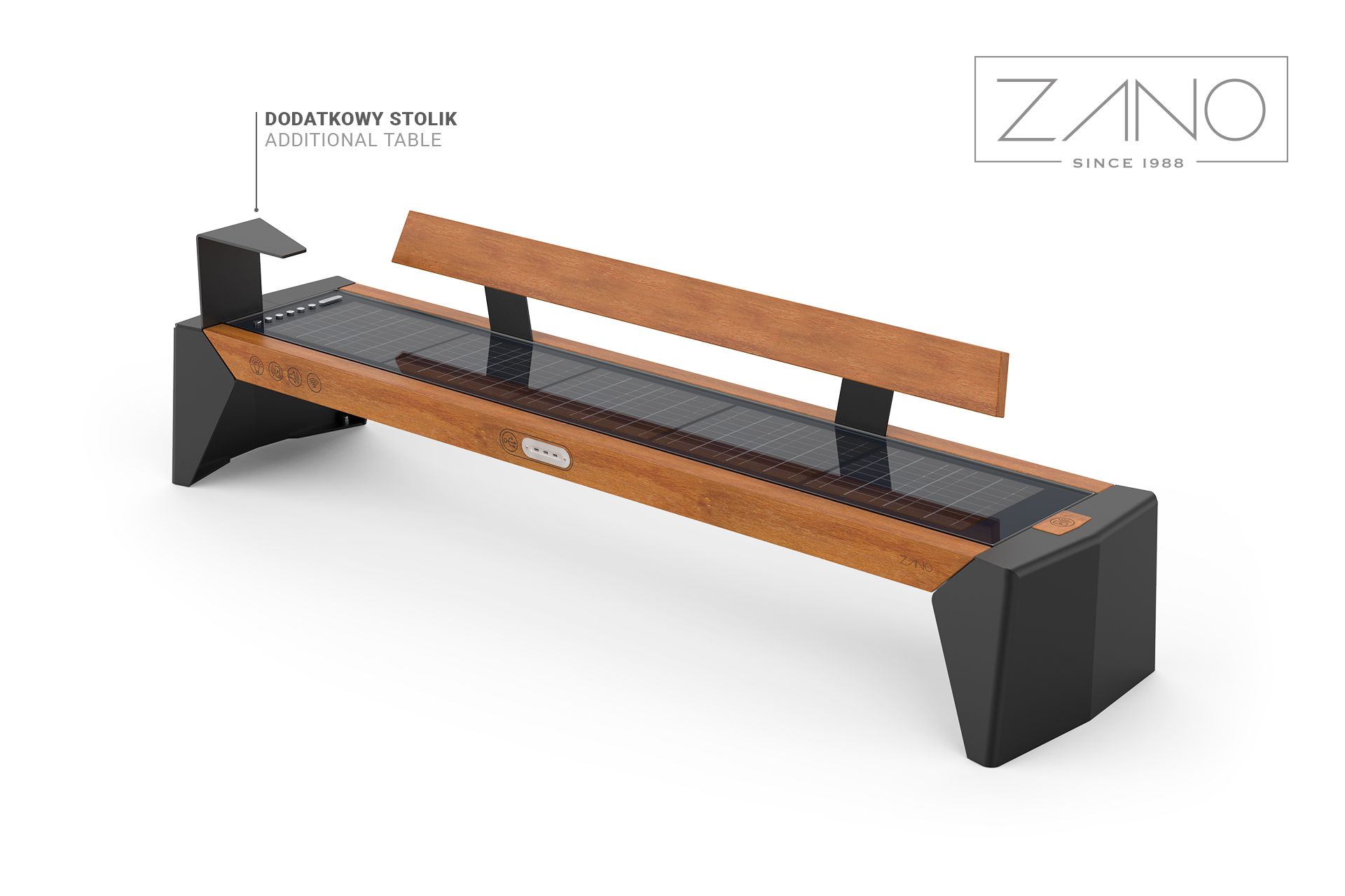 Photon - solar bench with additional table and backrest