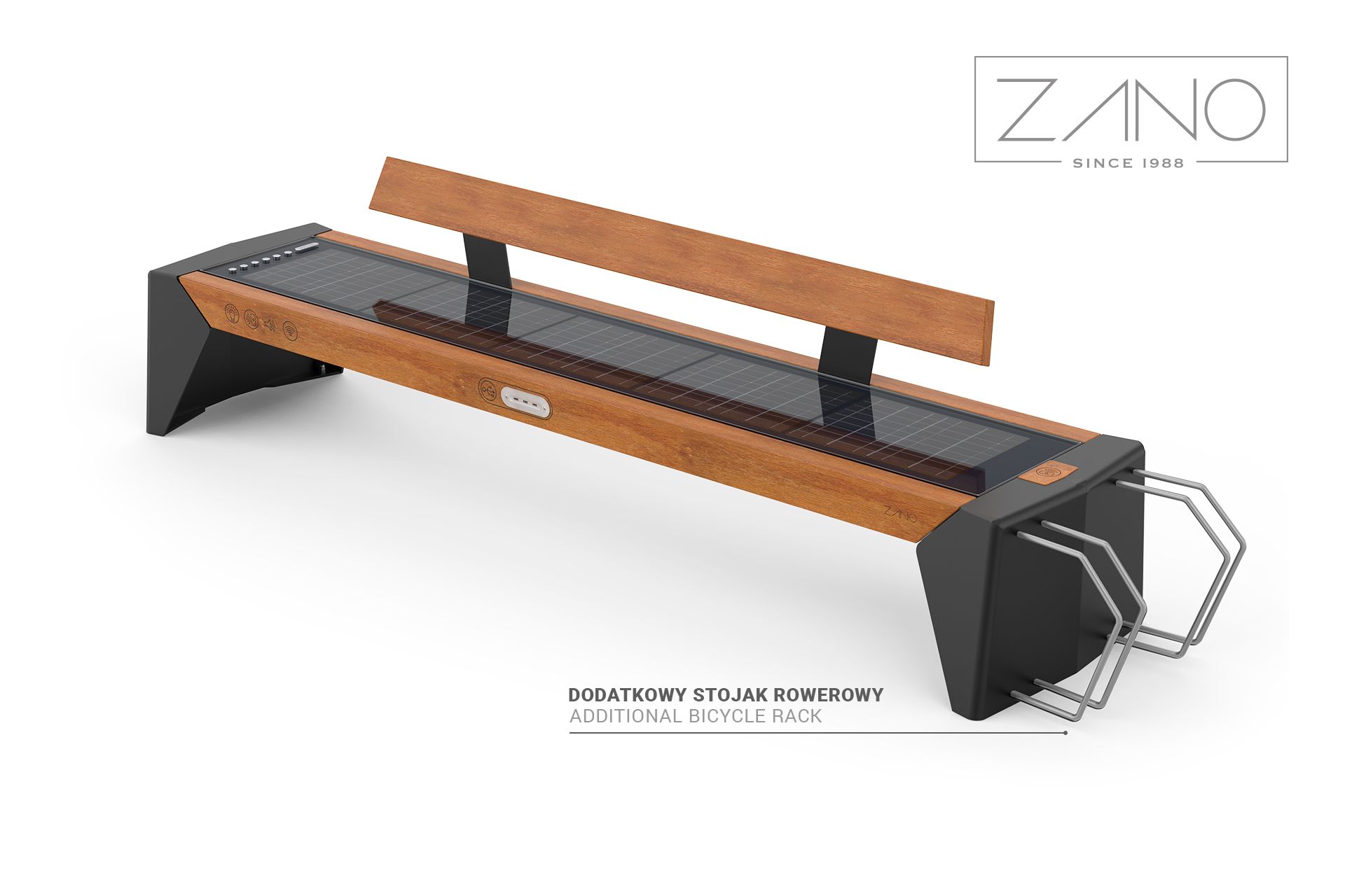 Photon bench with additional bicycle rack and backrest