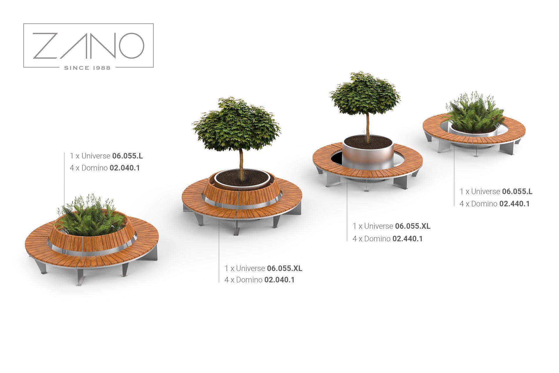 Round flowerpots Universe in combination with Domino benches