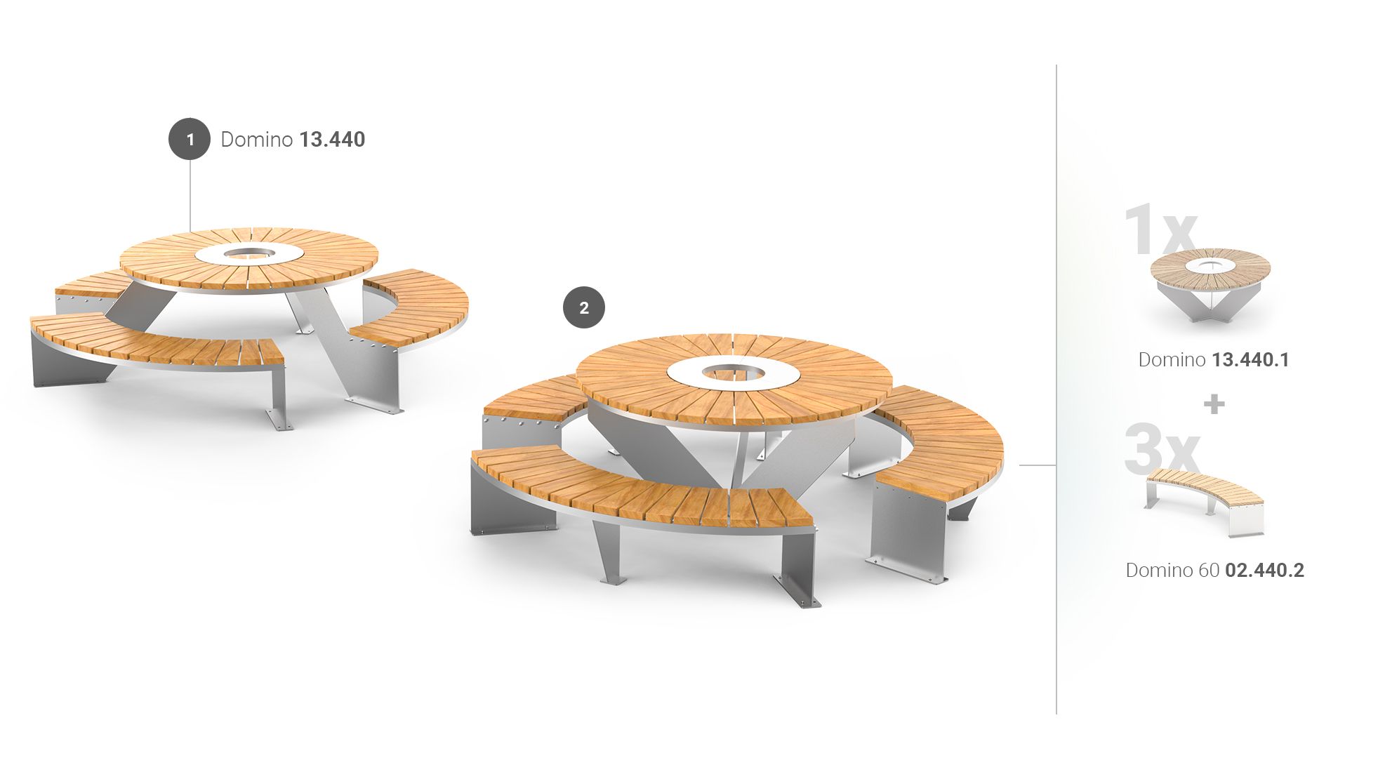 Outdoor round picnic tables in stainless steel and hardwood