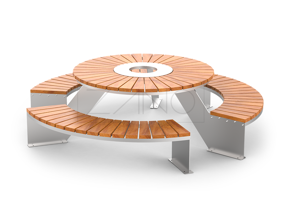 Outdoor picnic table with three benches