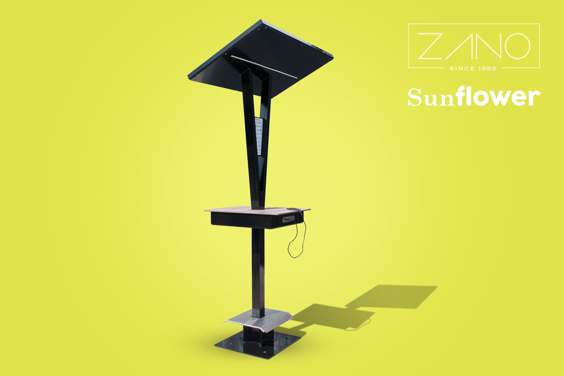 Solar station with table with USB ports and wireless charger