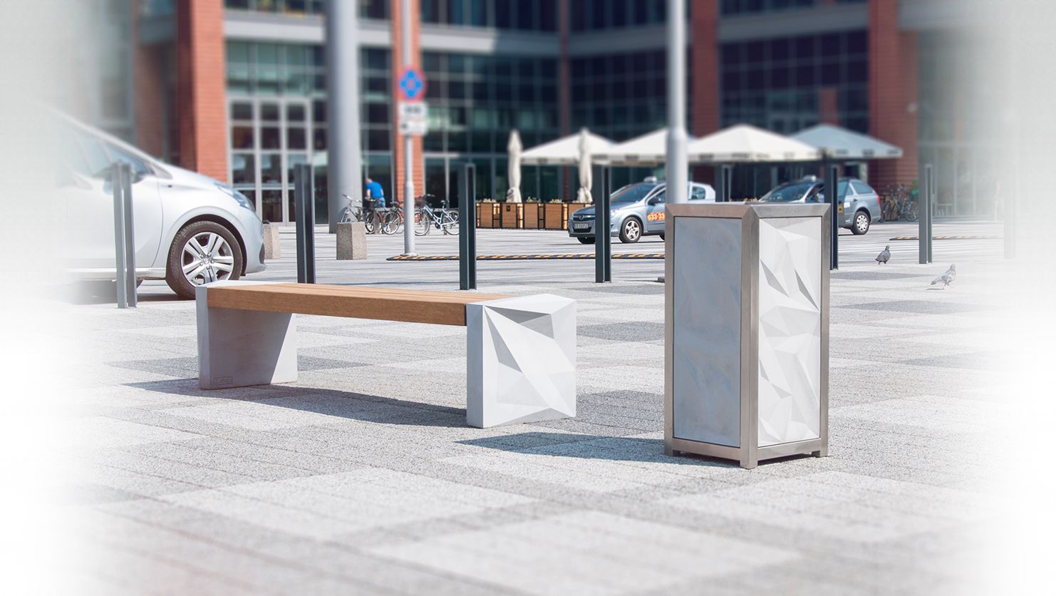 Concrete benches and litter bins from the Trigono series