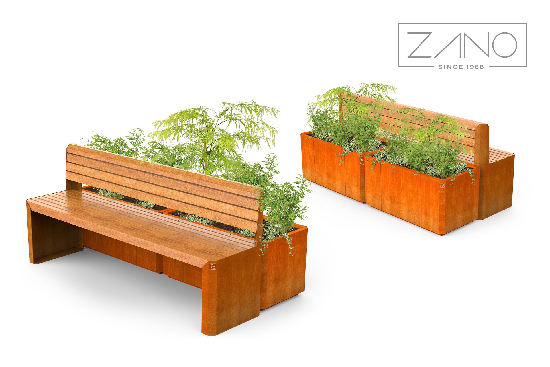City benches and corten pots