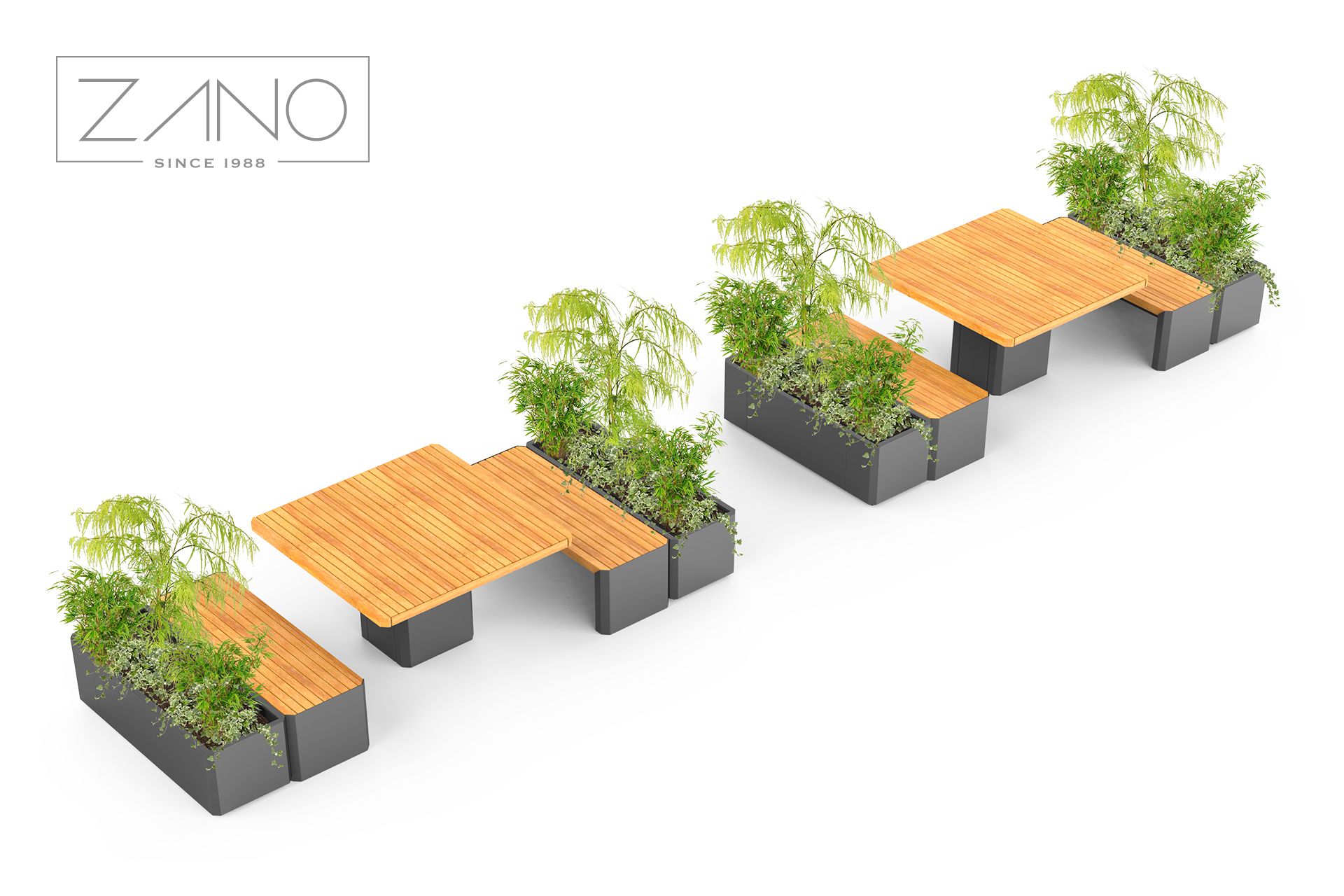 Stilo bench, pot and table layout - ZANO urban furniture