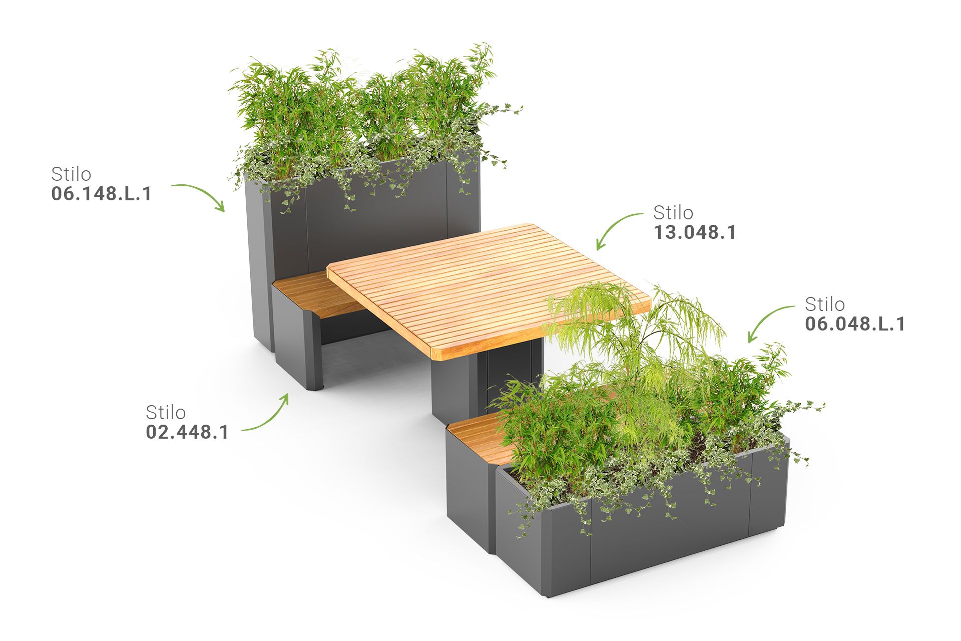 Urban benches, tables and planters in steel and hardwood
