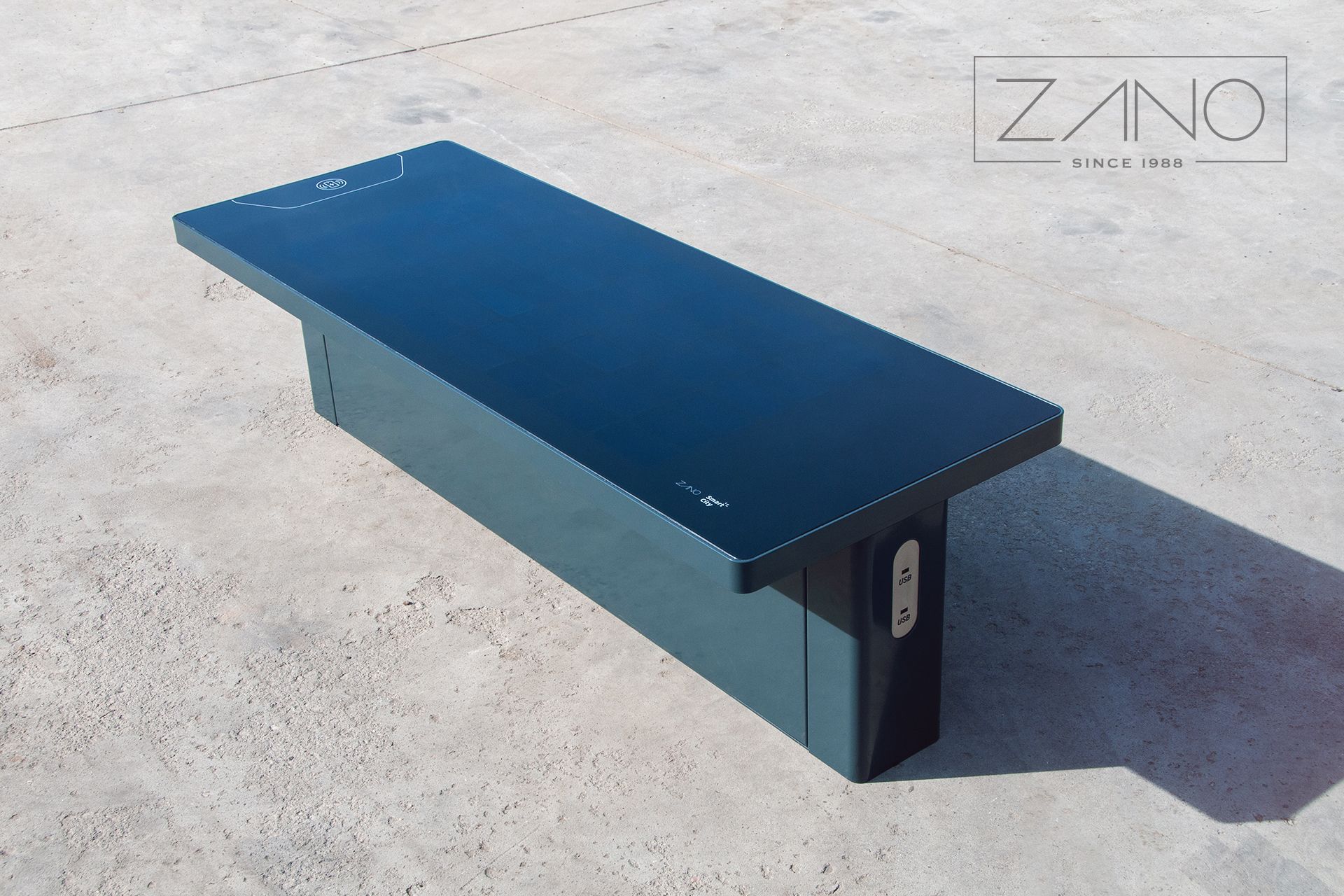 Urban solar bench with USB and inductive charger